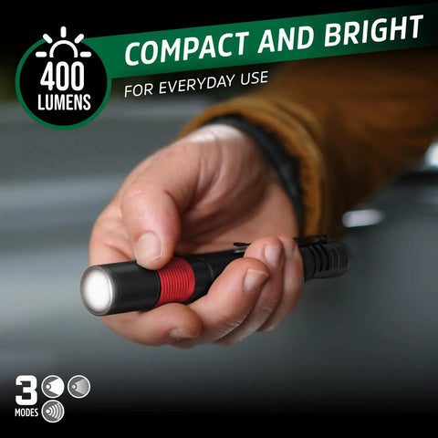Hand holding Rechargeable Pen Light Flashlight X 400 Tiny But Mighty Pocket Size Workhorse Ultra Bright LED