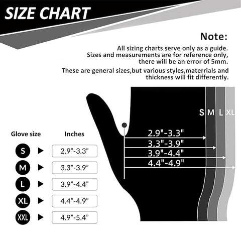 PROMEDIX P heavy duty nitrile glove size chart with black glove silhouette showing sizes S–XXL and inch ranges.