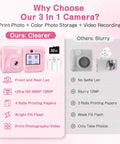 Dual-Lens Instant Print Mini Camera For Kids, 48MP Front And Rear Cameras, Selfie Ready, 1-Second Black And White Print, 32GB Card Included, Pink Portable Photo Printer Toy For Festivals And Travel, front and rear view