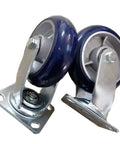 Heavy Duty Four Pack Of Eight Inch Polyurethane Swivel Caster Wheels Featuring Built Like A Tank Durability Smooth Silent Rolling Brake And Rock Solid Cast Iron Hub For Garden Carts, showing two blue swivel wheels.