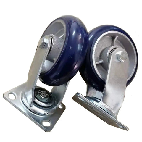 Heavy Duty Four Pack Of Eight Inch Polyurethane Swivel Caster Wheels Featuring Built Like A Tank Durability Smooth Silent Rolling Brake And Rock Solid Cast Iron Hub For Garden Carts, showing two blue swivel wheels.