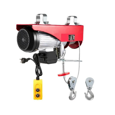 Heavy Duty 800 Kg Electric Chain Hoist Winch With Remote Control For Forklifts Warehouses And Building Sites Plus High Power 1450 Watt Motor side view with motor and hooks