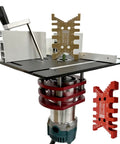 Bulletproof Router Lift Kit Featuring Heavy Duty Aluminum Base Plate With Smooth Adjustment Dial Fits All Standard 65 Millimeter Woodworking Motors, displaying components and adjustment dial.
