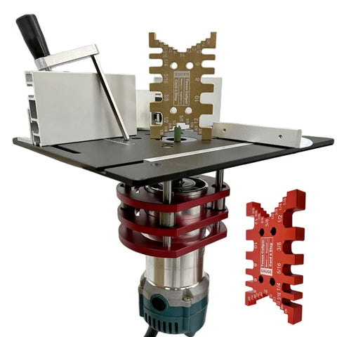 Bulletproof Router Lift Kit Featuring Heavy Duty Aluminum Base Plate With Smooth Adjustment Dial Fits All Standard 65 Millimeter Woodworking Motors, displaying components and adjustment dial.
