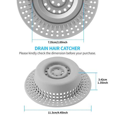 No Fuss Hair Drain Catcher For Tub And Shower with dimensions and perforated silicone and stainless design visible