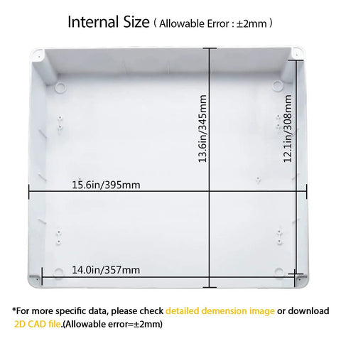 Internal view of Beefy Weatherproof Outdoor Junction Box For Electronics IP65 Dustproof ABS Plastic Enclosure, showing dimensions.