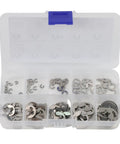 Open case showing E Clip Circlip Retaining Ring Set In 304 Stainless Steel 120 Piece Assortment Kit with clear compartments for shafts.