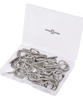 Open box of stainless steel eye screws for wood 30 pack screw eye hooks indoor and outdoor use 17 lb capacity rustproof 304.