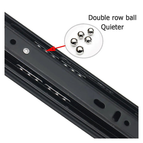 Close-up of Heavy Duty Side Mounted Ball Bearing Drawer Slides showing double row steel balls for quieter motion.