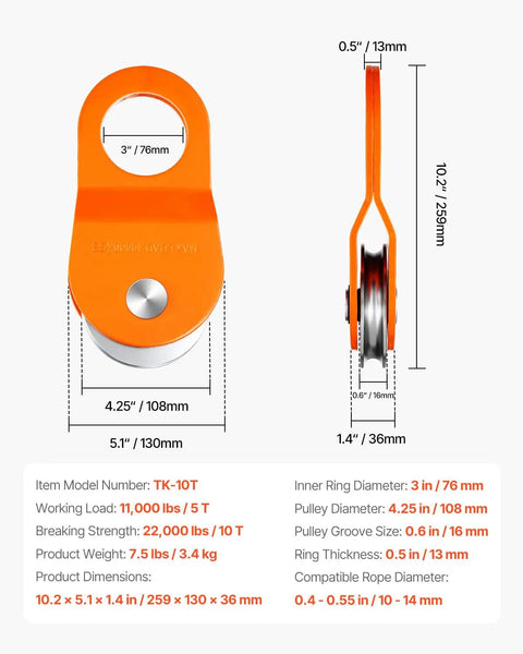 10 Ton Winch Snatch Block For Off Road Recovery orange steel pulley, 3 in ring, 4.25 in wheel, 0.5 in thick