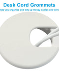 Close-up of a Two Inch White Desk Grommet for cable management, featuring ABS plastic and a cord pass-through design.