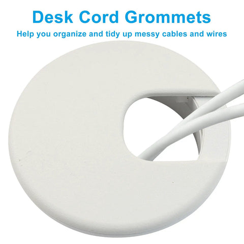 Close-up of a Two Inch White Desk Grommet for cable management, featuring ABS plastic and a cord pass-through design.