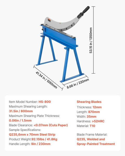 Beefy Hand Plate Shear 31.5 Inch Max Cutting Length Manual Sheet Metal Cutter with T10 Blades, on blue base, for metal cutting