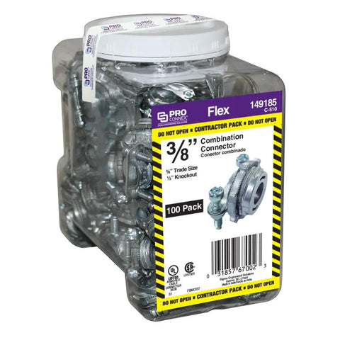 Container of ProConnex C510 Combination Connector Three Eighths Inch AC MC Flex 100 Pack Die Cast Zinc Alloy