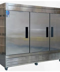 Commercial Three Door Reach In Freezer With Heavy Duty Stainless Steel Build ETL Certified Upright Setup 64 Cubic Foot Capacity, side view.