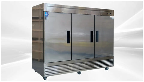 Commercial Three Door Reach In Freezer With Heavy Duty Stainless Steel Build ETL Certified Upright Setup 64 Cubic Foot Capacity, side view.