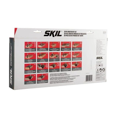 Back of 30-piece carbide router bit set packaging, showing diagrams and usage details for edge forming and joinery cuts.