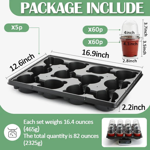Image showing 60 Pack 4 Inch Nursery Pots with Humidity Domes and 5 Pack 12 Cell Seedling Trays for Easy Seed Starter Propagation Kit.