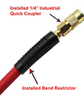 Hybrid Air Hose Three Eighths Inch By Twenty Five Feet 300 PSI with brass male fitting and bend restrictor detail.