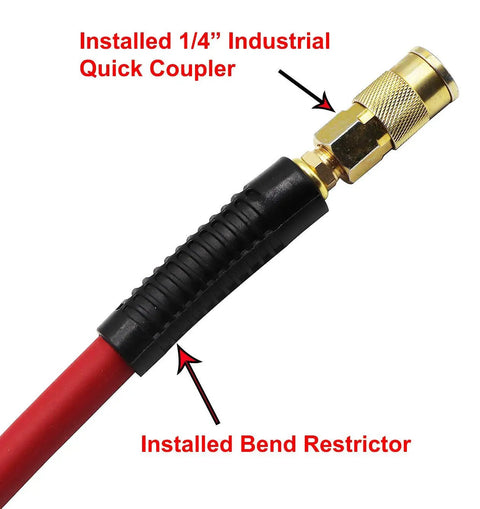 Hybrid Air Hose Three Eighths Inch By Twenty Five Feet 300 PSI with brass male fitting and bend restrictor detail.