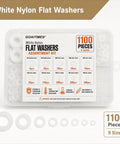 Slick Metric Nylon Washer Assortment Kit White Flat Discs M2 Through M12 in clear storage box showing 1100 pieces of various sizes.