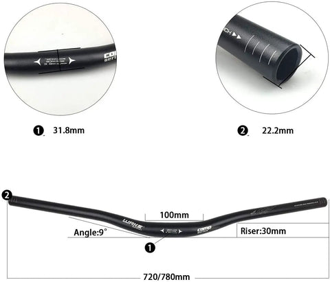 Beefy Ultralight 31.8mm Aluminum Alloy Mountain Bike Handlebar Riser Bar Matte Black Finish showing measurements