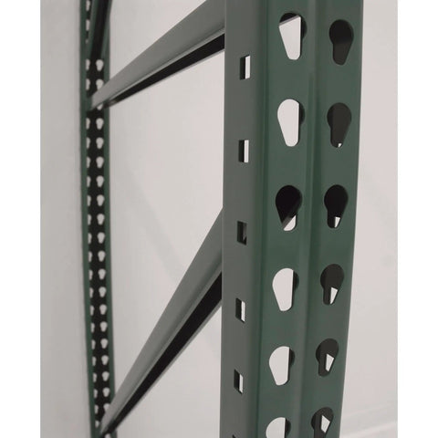 Close-up of Rock Solid Teardrop Pallet Rack Frame showing green steel posts with teardrop holes for beam placement.