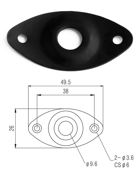 Fresh Curved Oval Guitar Output Jack Socket Plate With Sleek Black Finish And Included Mounting Screws For Les Paul Jackson Bass Rig Tight Built Setup Always Hits Right Solid Tone Guaranteed Heavy Duty, showing dimensions and design.