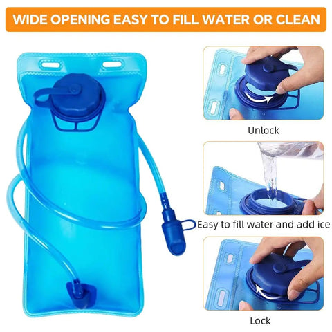 5L Hydration Vest Backpack With 2L Water Bladder showing blue bladder with wide opening and easy fill process, orange style