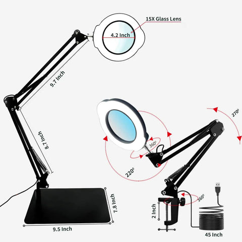 15X Magnifying Desk Lamp with Clamp and Base, 5 Color Modes, 10-Level Brightness, 4.2 Inch Reading Magnifier for Seniors and Crafts