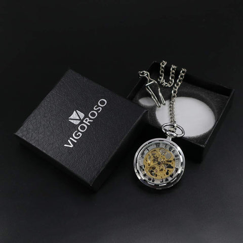 Mens Classic Steampunk Pocket Watch Gold Skeleton Hand Wind Mechanical Timepiece In Box With Vintage Inspired Design