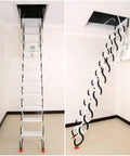 No Fuss Electric Attic Ladder, Totally Automatic Remote Controlled Pull Down Loft Stairs with skid-resistant steps visible.