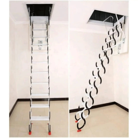 No Fuss Electric Attic Ladder, Totally Automatic Remote Controlled Pull Down Loft Stairs with skid-resistant steps visible.