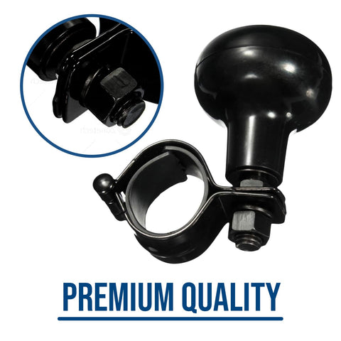 Close-up of Classic Black Steering Knob Spinner Universal Fit Grip Handle for quick car turns with ABS plastic design.