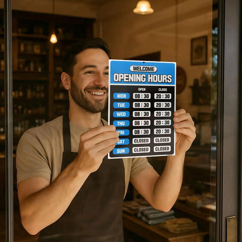 Shop owner displays Blue PET Business Hours Sign Kit for Store Glass Door with Number Stickers and Double Sided Tape