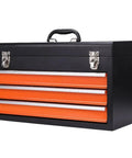 Rugged Metal Tool Box With Drawers Portable Chest Organizer black finish reinforced handle secure latches 3 orange drawers