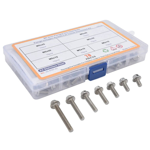 70 Piece M5 Stainless Steel Bolts Kit With 7 Lengths 10 12 16 20 25 30 40 Millimeters Hex Socket Head Cap Flange Fasteners For Home Appliance Repair And Workshop Projects, open case