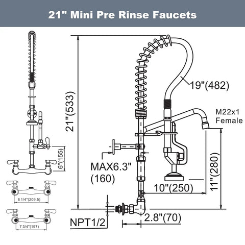 Diagram of Commercial Wall Mount Kitchen Faucet With Pre Rinse Sprayer 21 Inch Height 8 Inch Center 10 Inch Add On Swing Spout