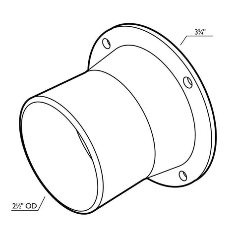 Illustration of a 2.5-inch dust port for woodworking tools with a flange, labeled dimensions for easy installation on routers and table saws.