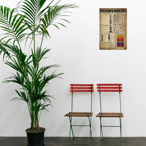 Old School Blacksmith Tin Sign For Workshop Decor on wall above red chairs and plant
