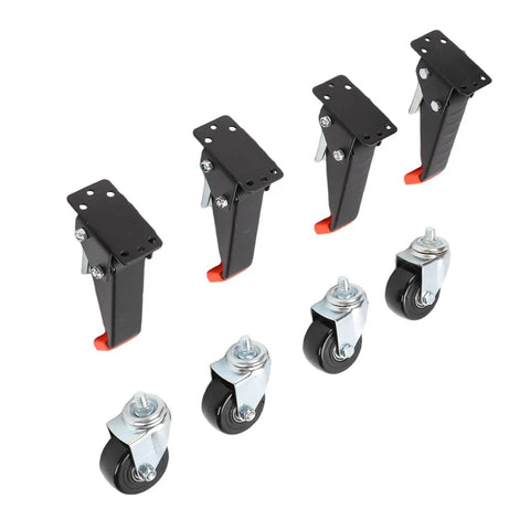 Tough As Nails Heavy Duty Workbench Casters With Three Inch Polyurethane Wheels And Retractable Pull Pins Featuring Smart Auto Lifting for easy installation.