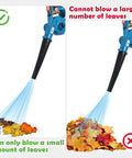 Image showing Cordless Mini Leaf Blower Vacuum Compatible With Makita 18V Battery blowing small vs. large pile of leaves.