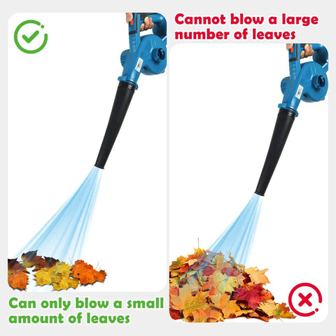 Image showing Cordless Mini Leaf Blower Vacuum Compatible With Makita 18V Battery blowing small vs. large pile of leaves.
