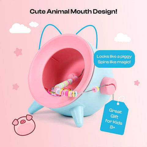 Electric bead spinner with cute animal mouth design, pink and blue, ideal for kids 8+, includes beads and thread for DIY projects.