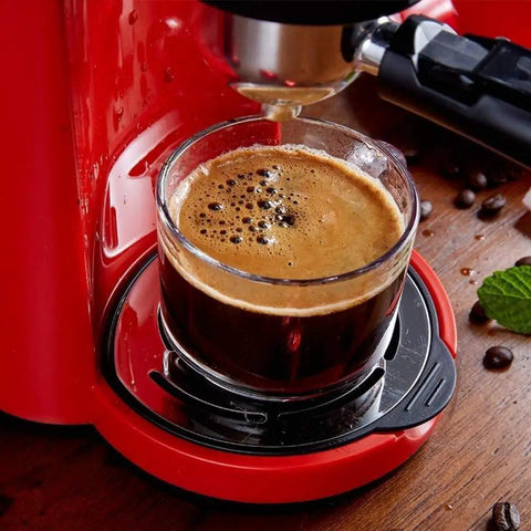 5 Bar High Pressure Coffee Machine With Foam Function For Smooth Lattes And Rich Espressos, Italian Style Brew In A Compact Office Friendly Package with espresso being brewed.