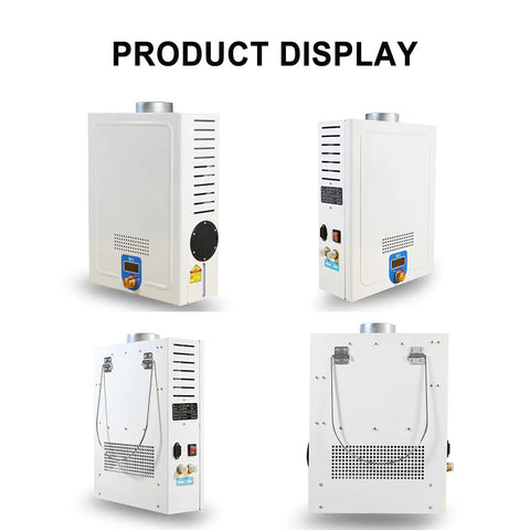 Hella Reliable Portable Tankless Water Heater With Bright Digital Display, various angles showing design features and connection points.