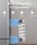 Magnetic K Cup Holder For Fridge And Office Counter, 24 K Cup Acrylic Pod Organizer With Magnets attached to fridge surface.