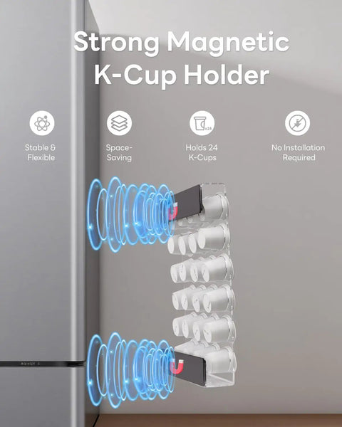 Magnetic K Cup Holder For Fridge And Office Counter, 24 K Cup Acrylic Pod Organizer With Magnets attached to fridge surface.