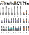 All In One Magnetic Screwdriver Set With 8 Long Bits And 32 Short Bits displayed with labeled chromium-molybdenum alloy bits