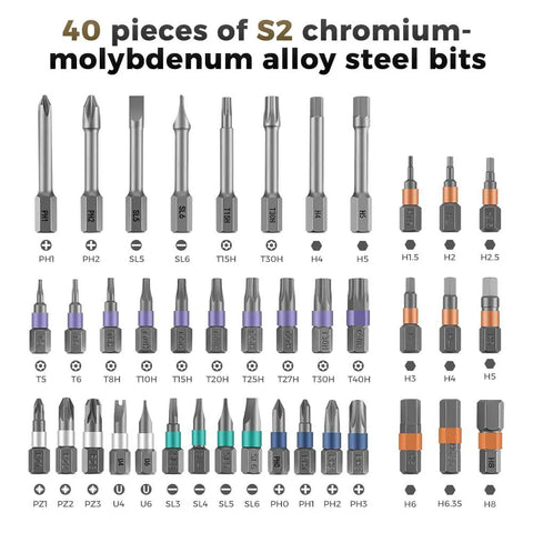 All In One Magnetic Screwdriver Set With 8 Long Bits And 32 Short Bits displayed with labeled chromium-molybdenum alloy bits